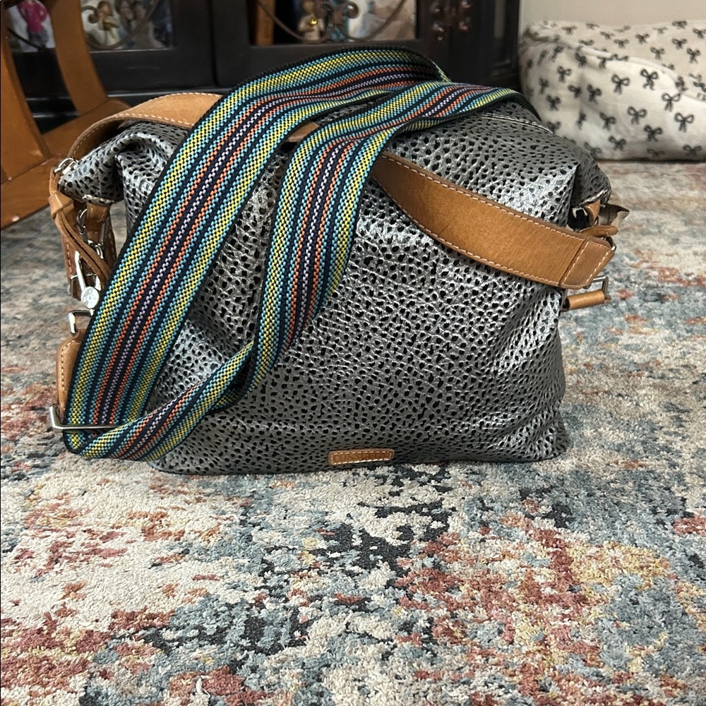 Consuela Gray and Tan Textured Bag with Multicolor Strap